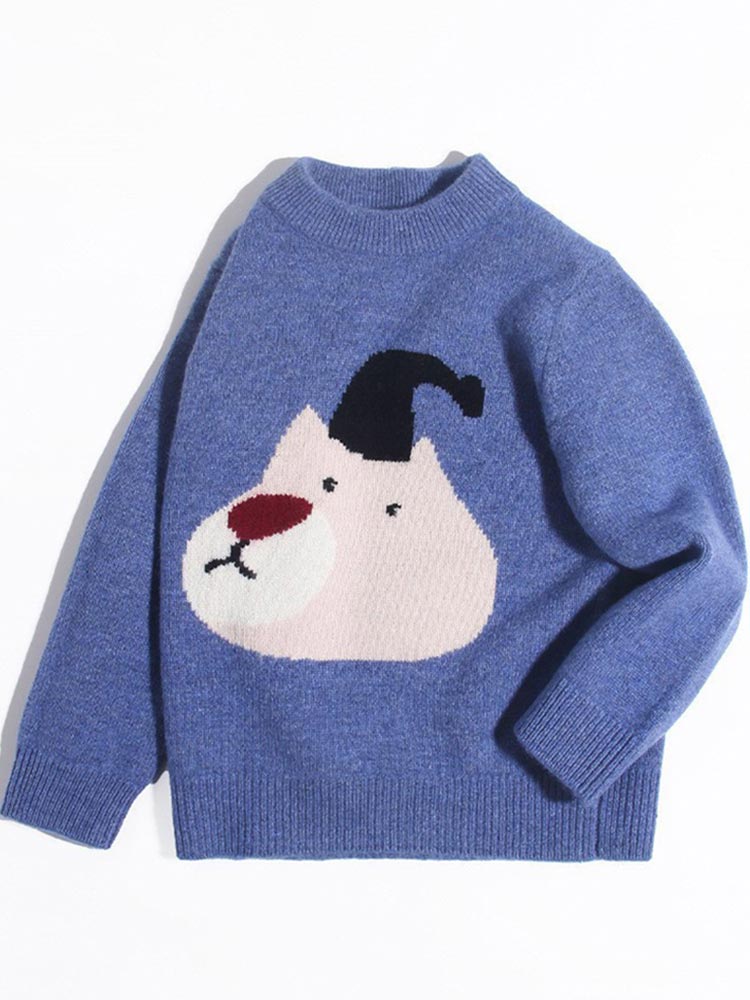 (image for) Kids Cute Bear Face Blue Cashmere Pullover Sweater